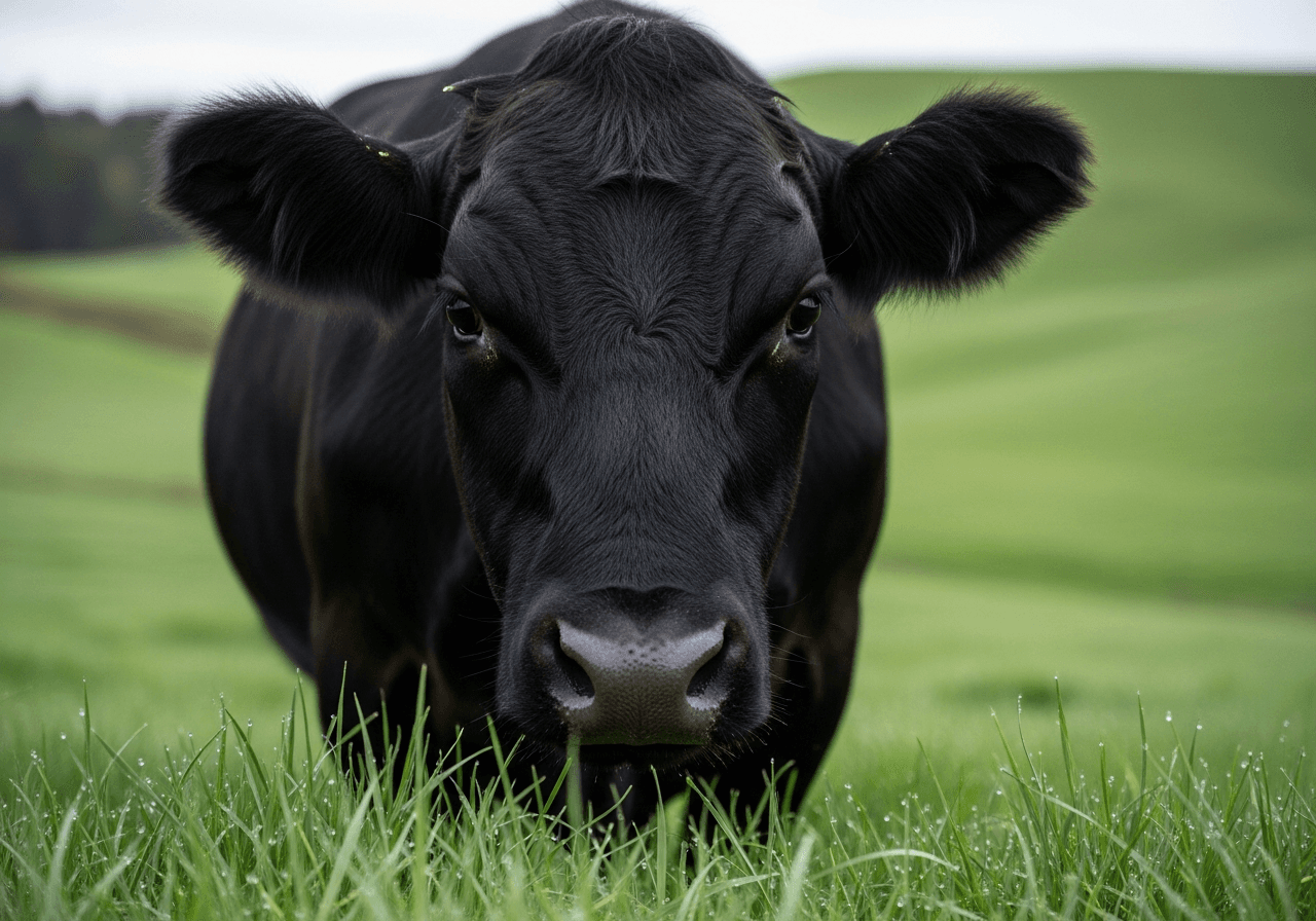 Black Angus steer close-up in a New Zealand paddock