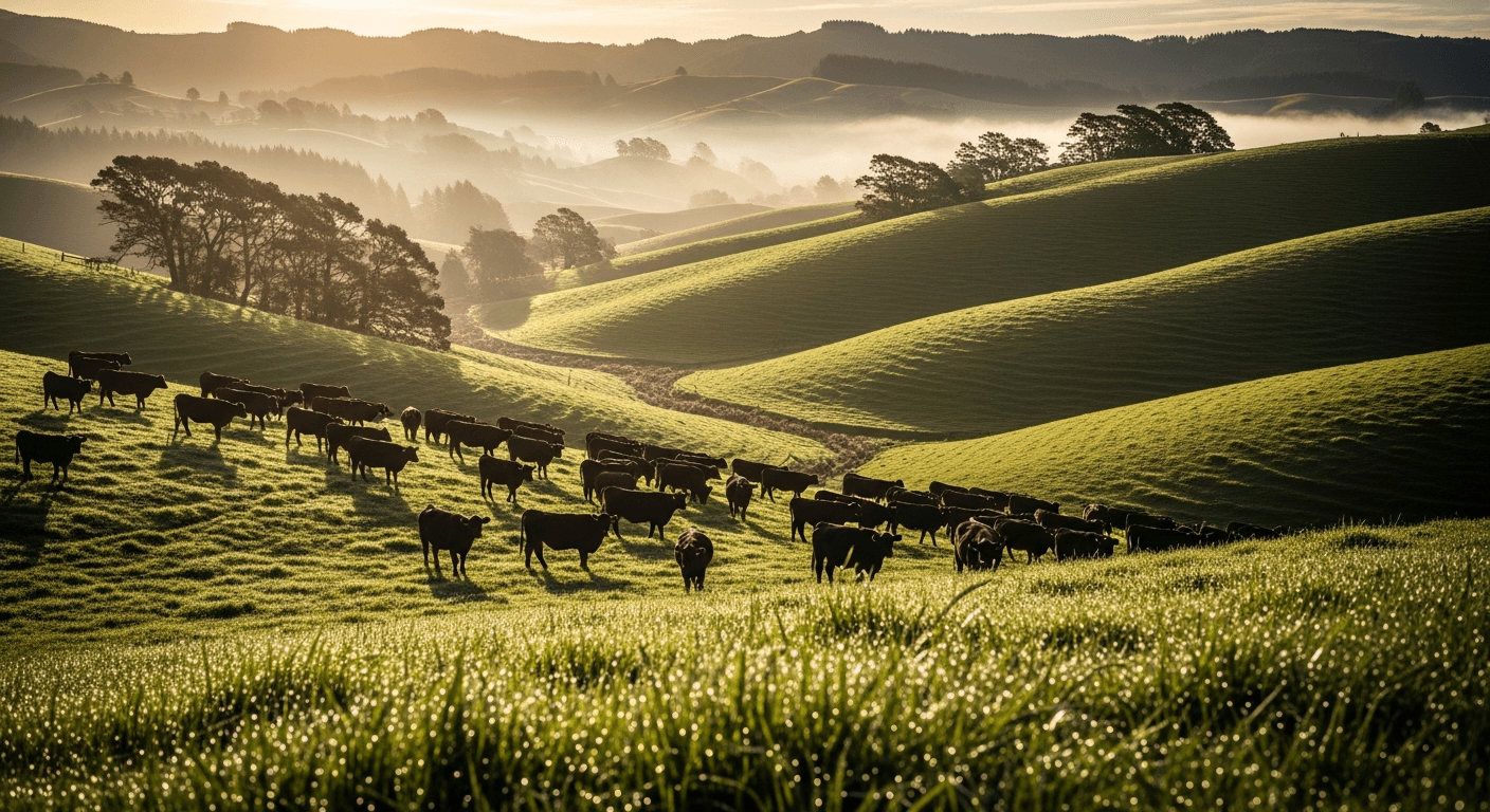 Angus cattle herd on rolling New Zealand hill country
