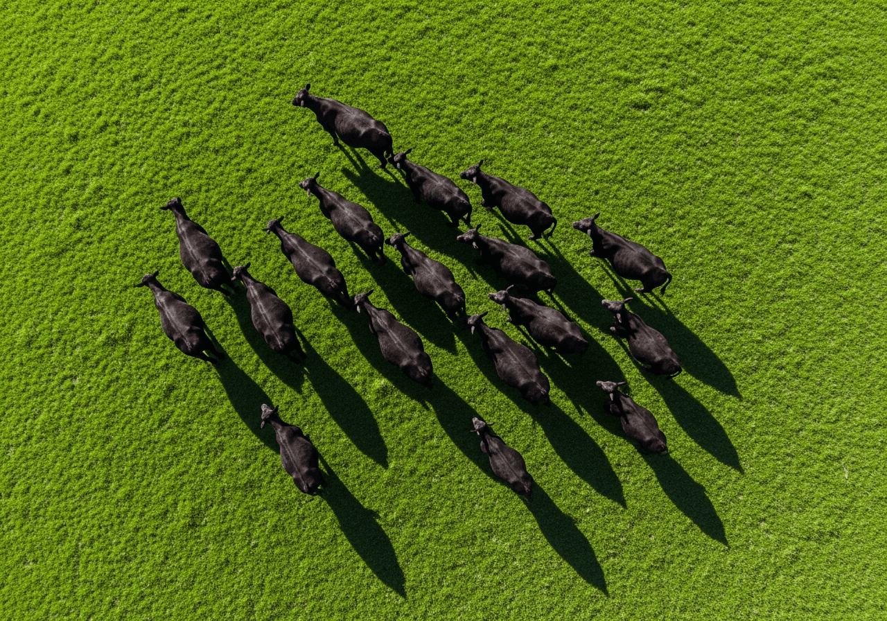 Aerial view of Black Angus cattle on New Zealand pasture