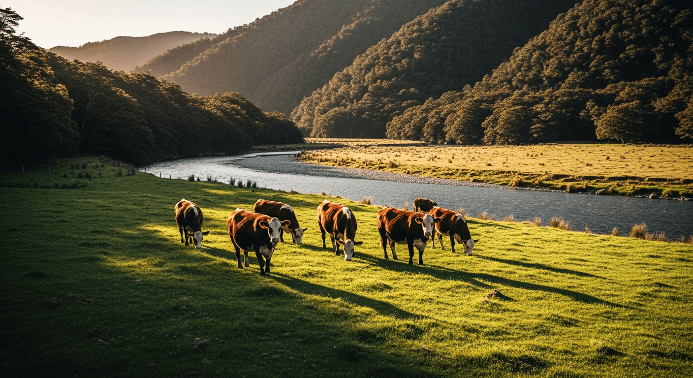 New Zealand river valley with Hereford cattle at golden hour